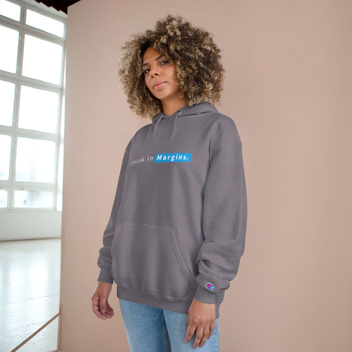 Think in Margins Champion Hoodie — Minimal White Inspirational Hoodie