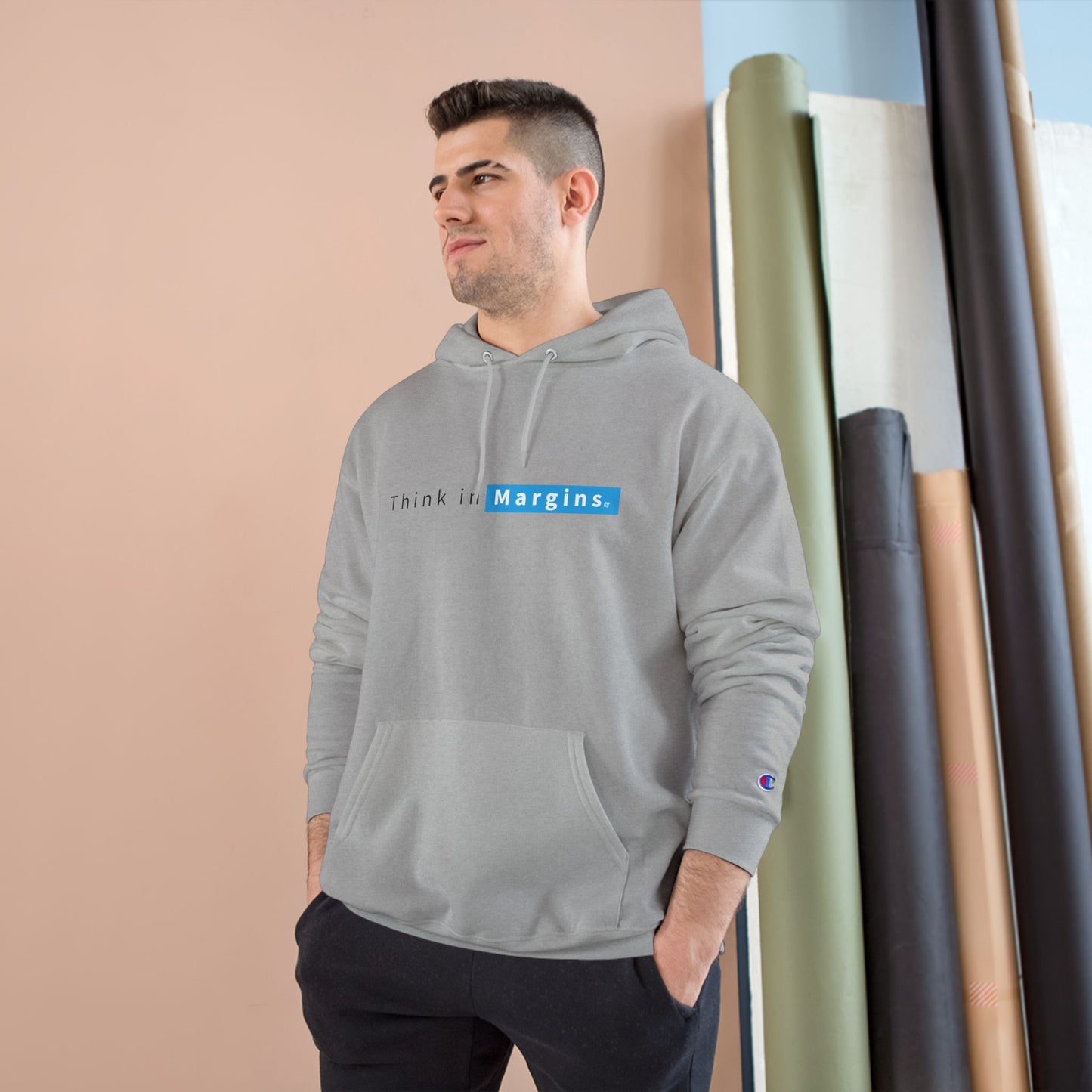 Think in Margins Champion Hoodie — Minimal White Inspirational Hoodie