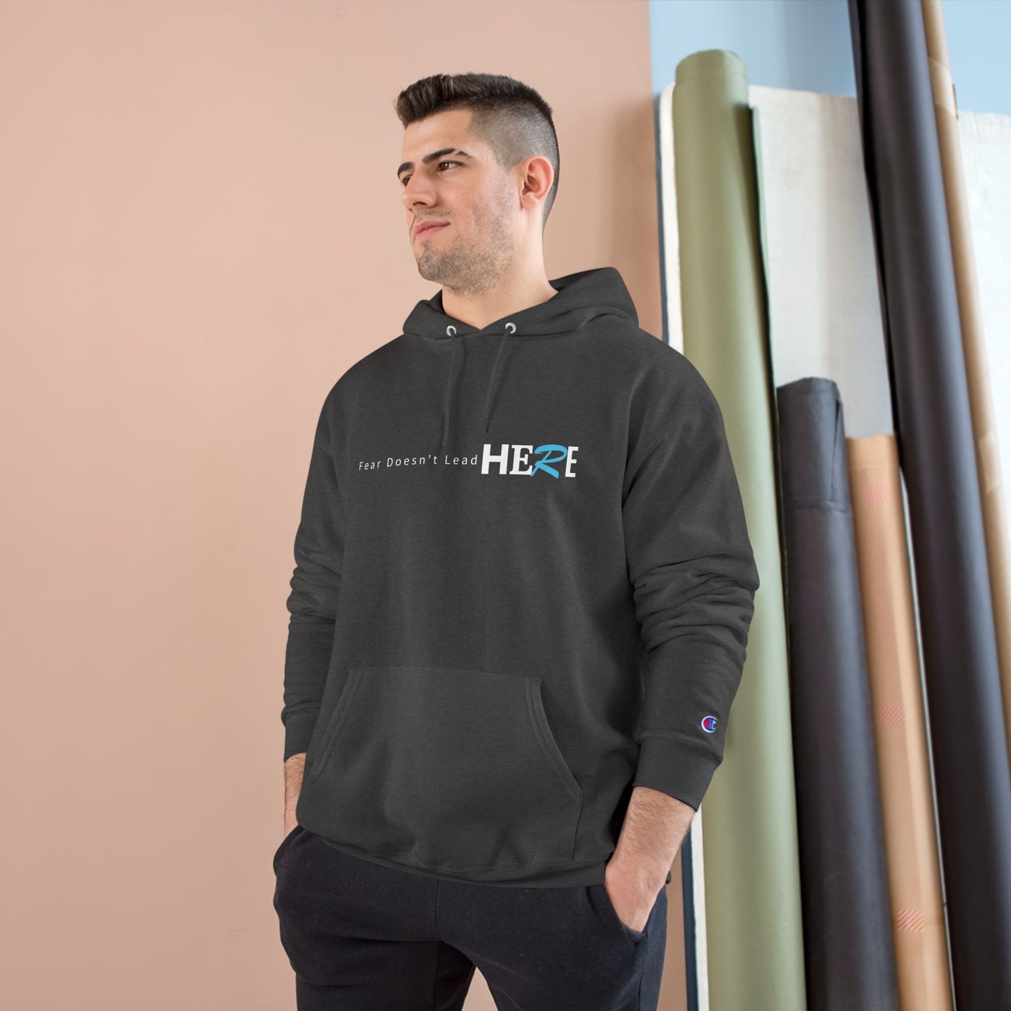 Champion Hoodie — Minimal "HERE" Logo Hoodie (White)