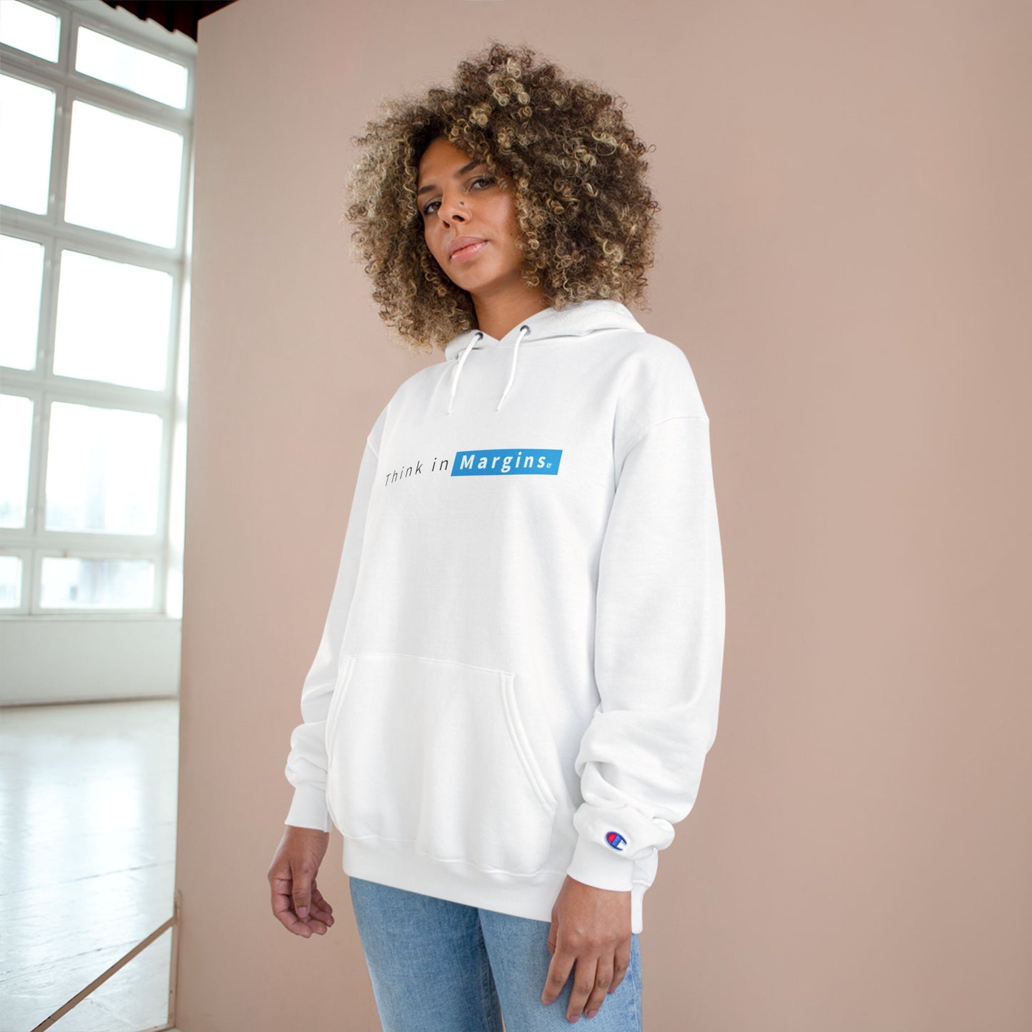 Think in Margins Champion Hoodie — Minimal White Inspirational Hoodie
