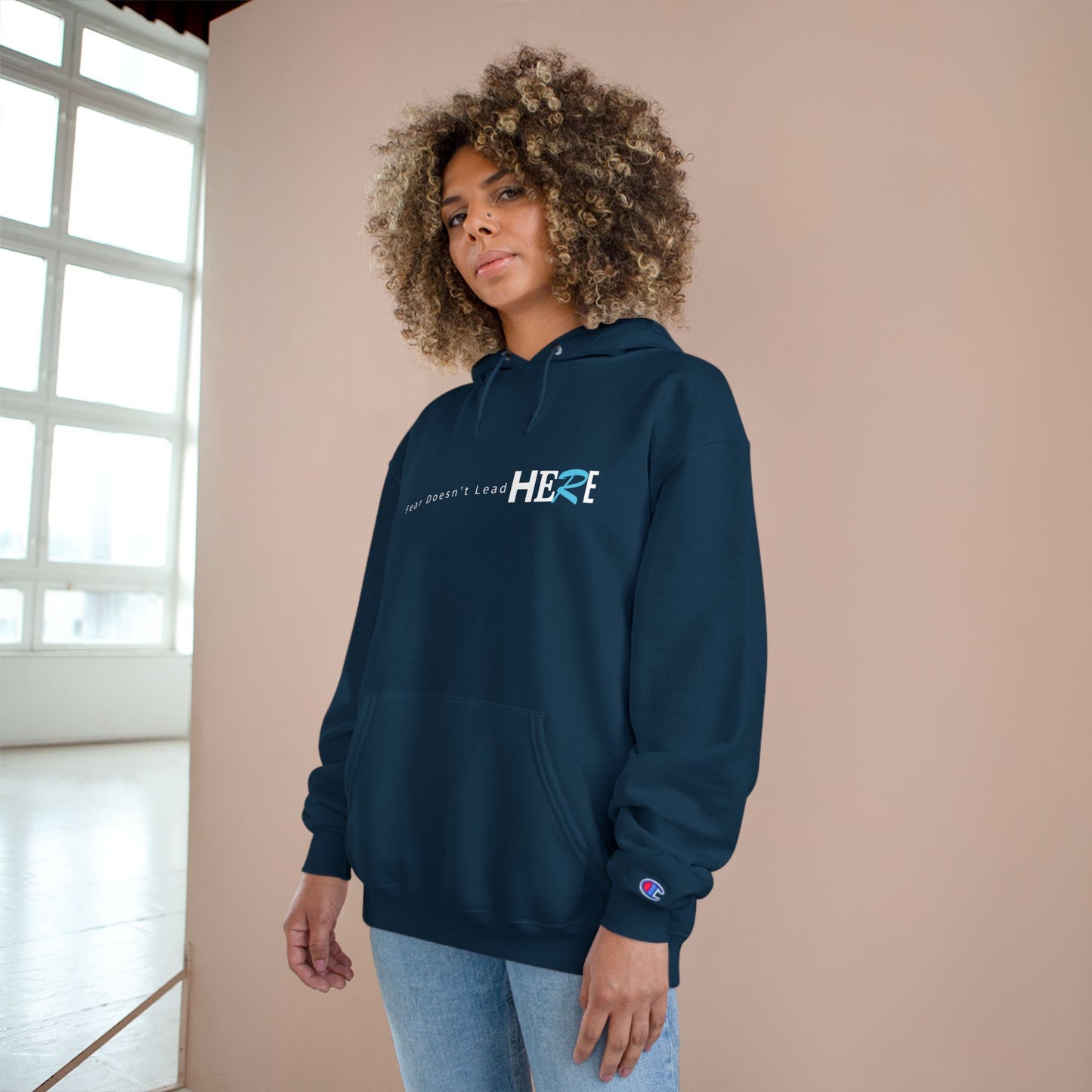 Champion Hoodie — Minimal "HERE" Logo Hoodie (White)
