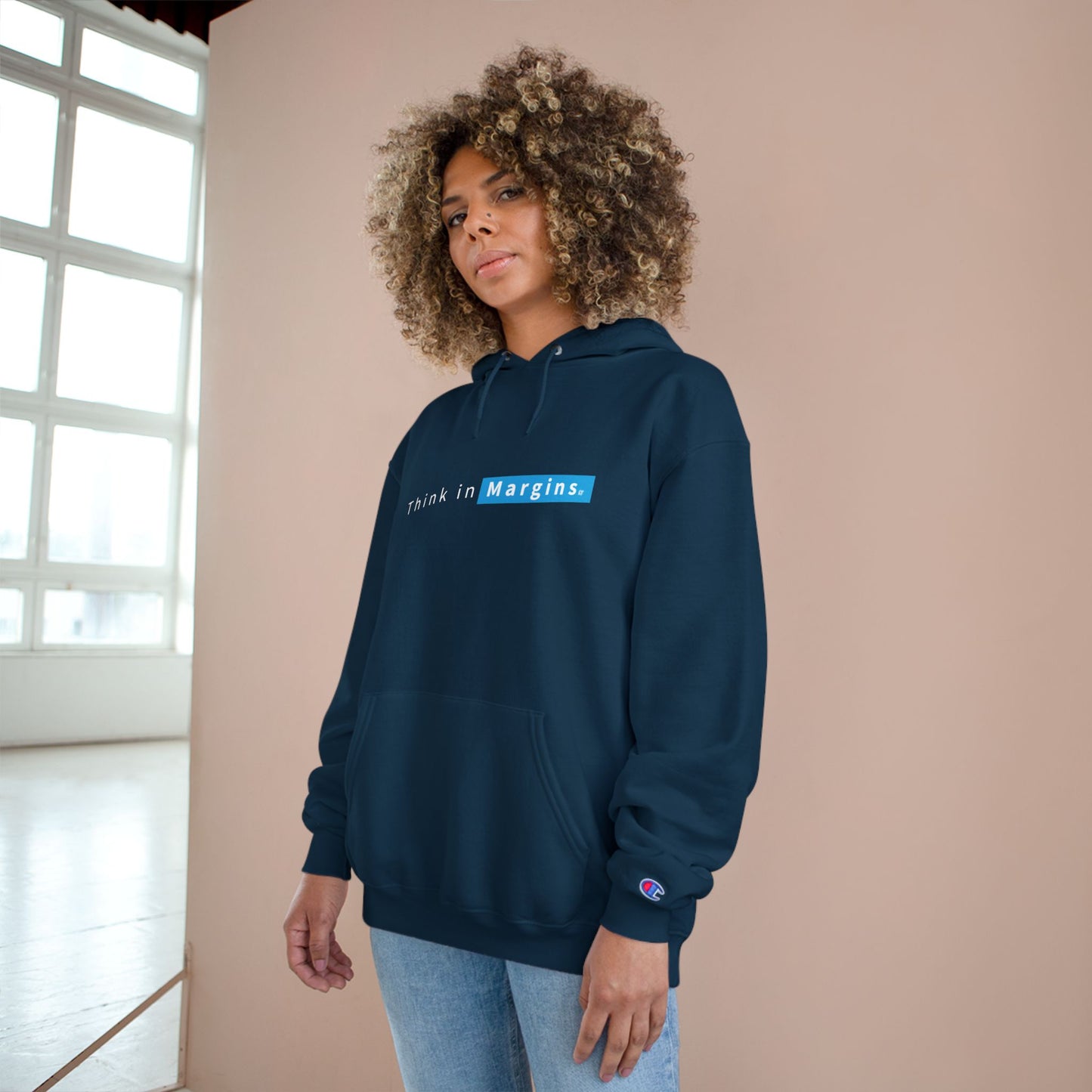 Think in Margins Champion Hoodie — Minimal White Inspirational Hoodie
