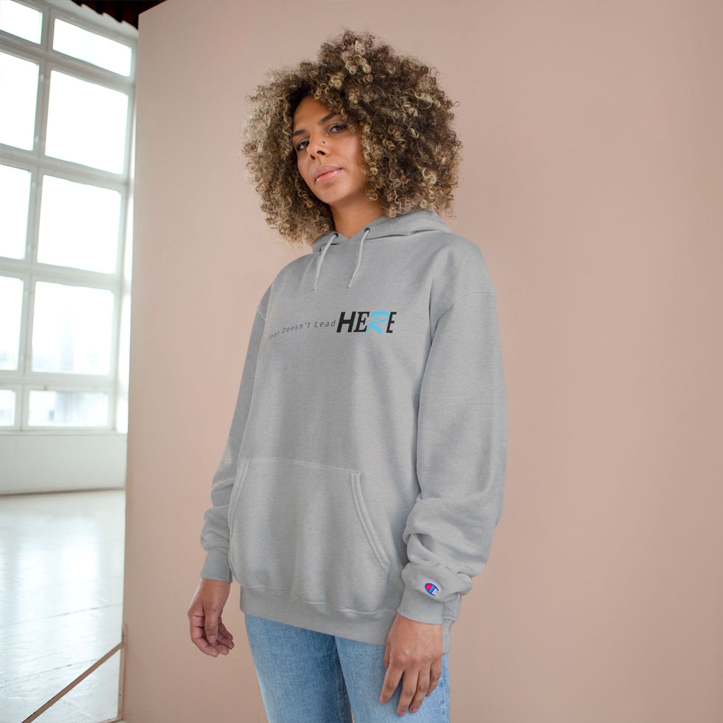 Champion Hoodie — Minimal "HERE" Logo Hoodie (White)