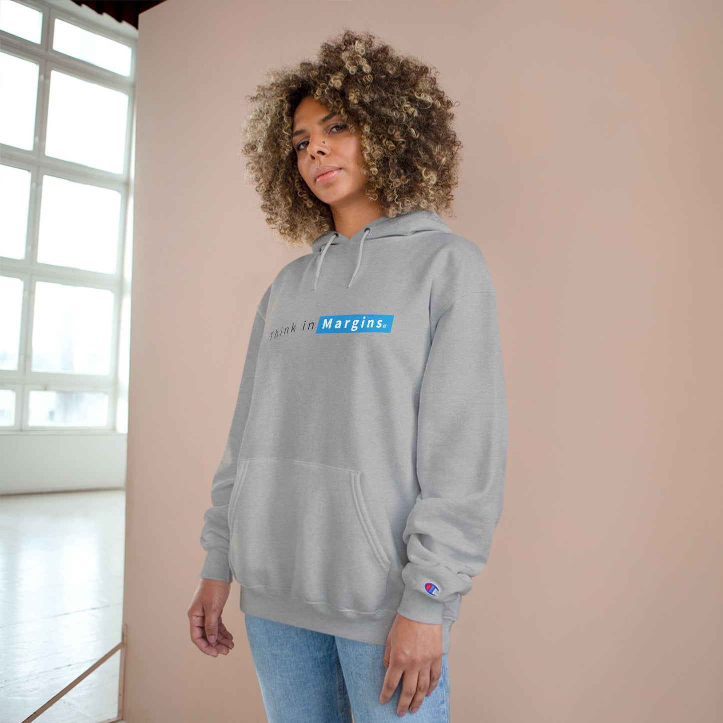 Think in Margins Champion Hoodie — Minimal White Inspirational Hoodie