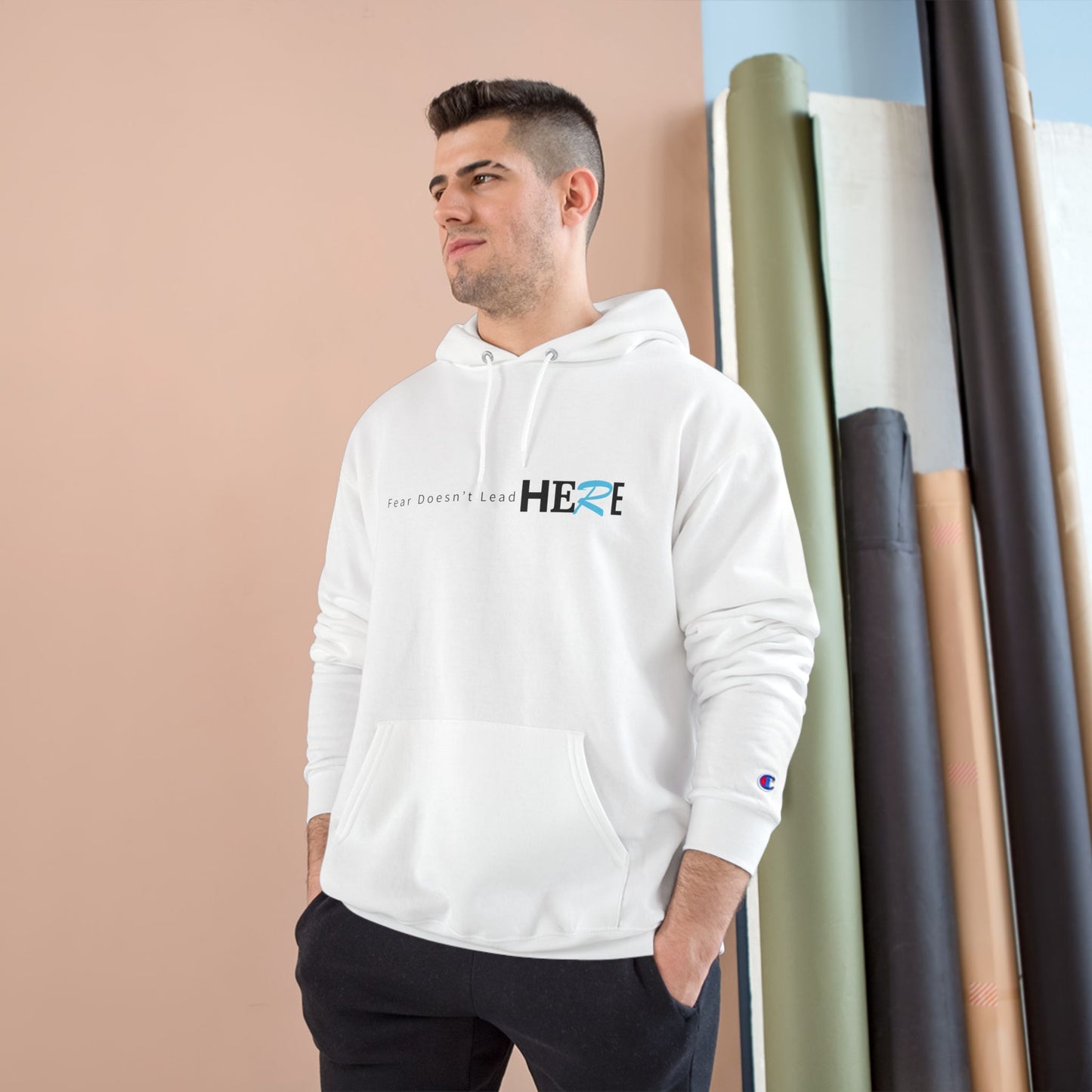 Champion Hoodie — Minimal "HERE" Logo Hoodie (White)