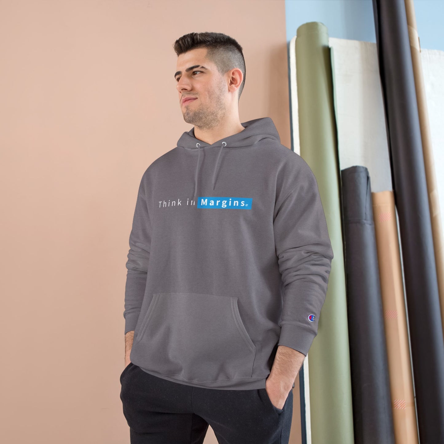 Think in Margins Champion Hoodie — Minimal White Inspirational Hoodie