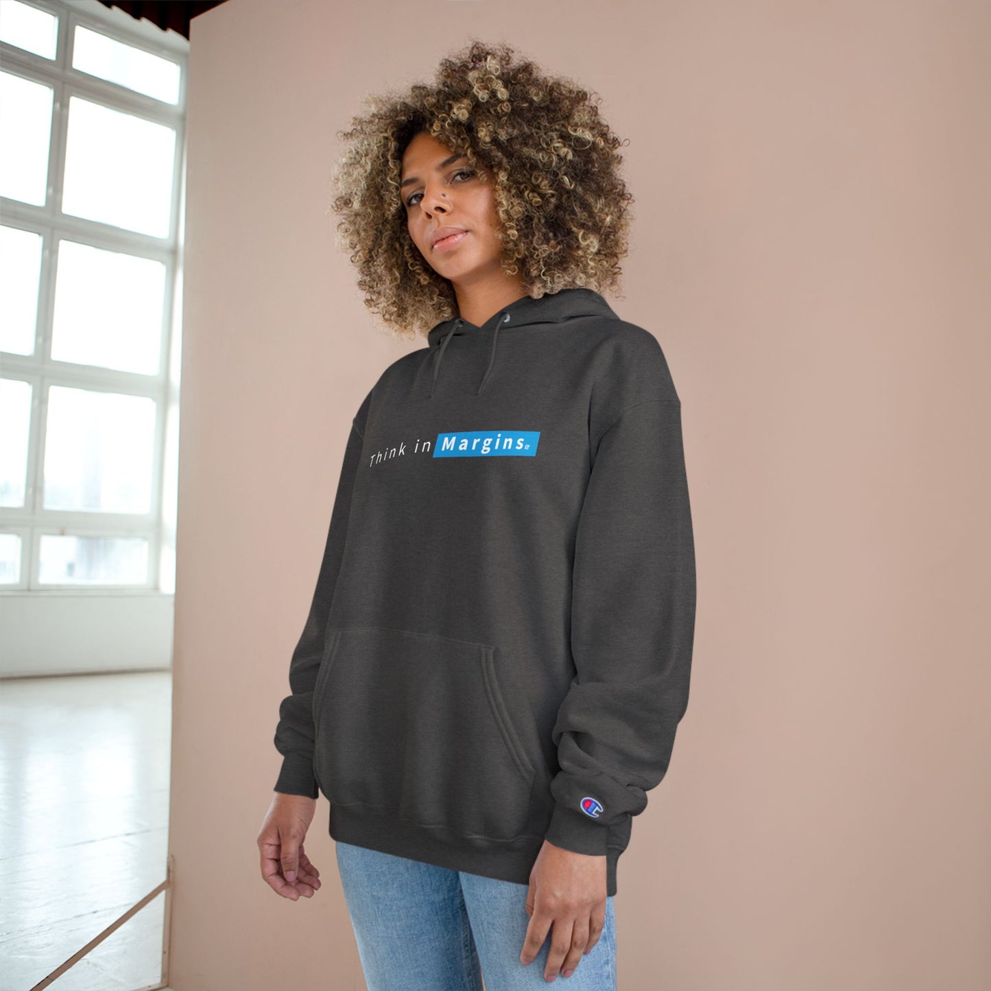 Think in Margins Champion Hoodie — Minimal White Inspirational Hoodie