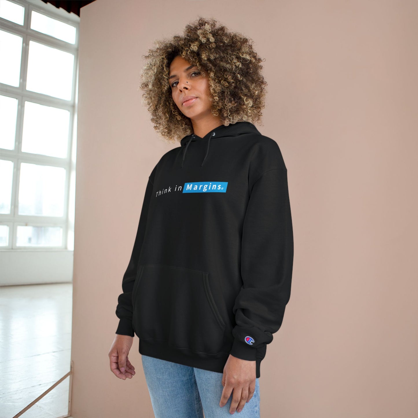 Think in Margins Champion Hoodie — Minimal White Inspirational Hoodie