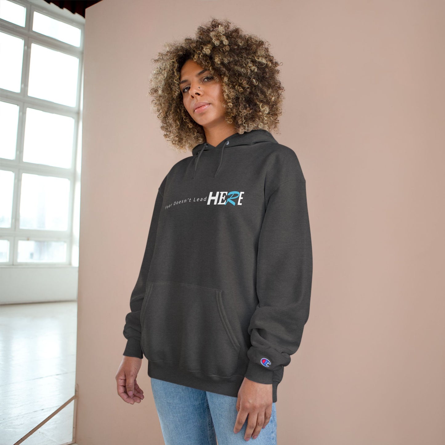 Champion Hoodie — Minimal "HERE" Logo Hoodie (White)