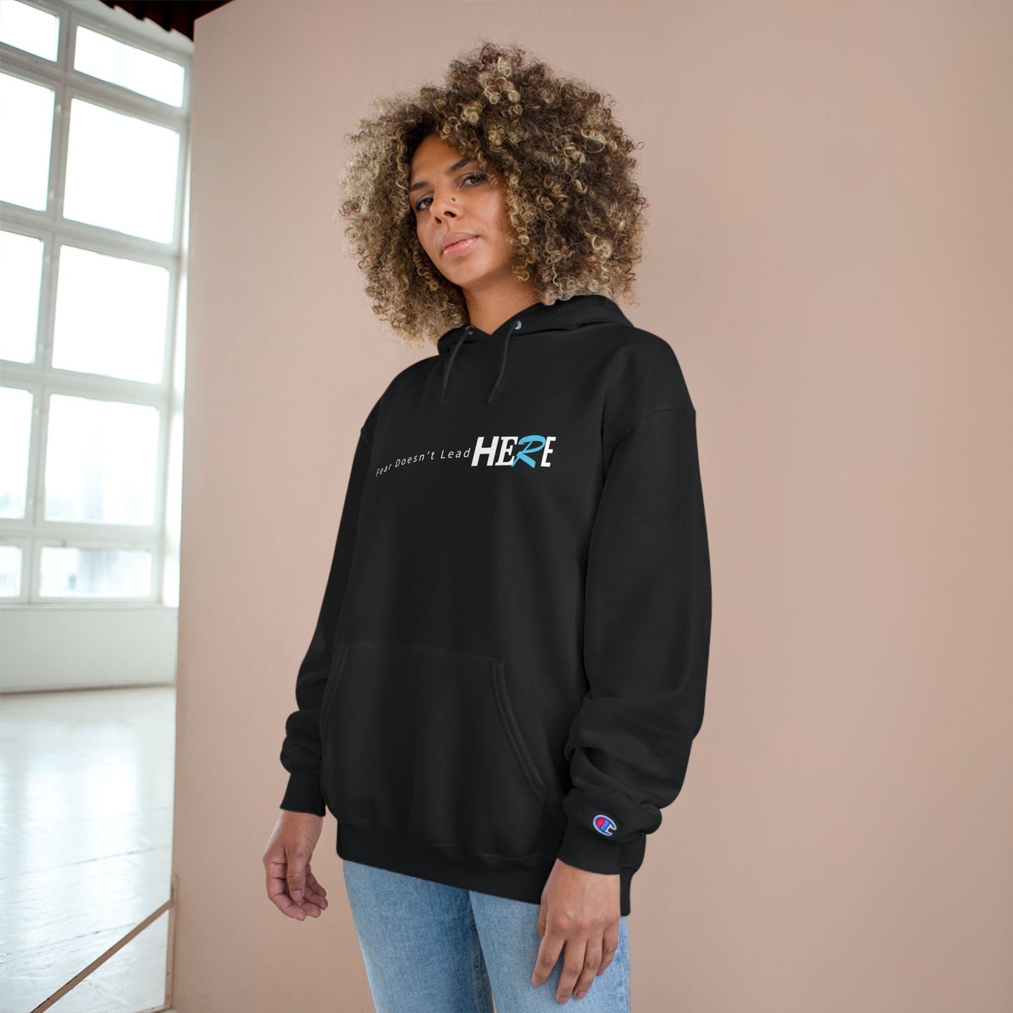 Champion Hoodie — Minimal "HERE" Logo Hoodie (White)