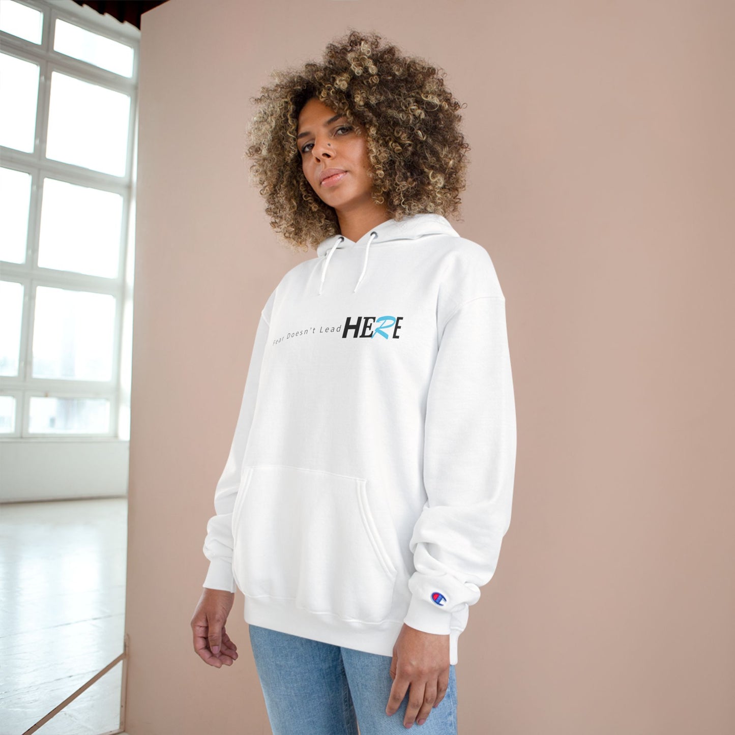 Champion Hoodie — Minimal "HERE" Logo Hoodie (White)