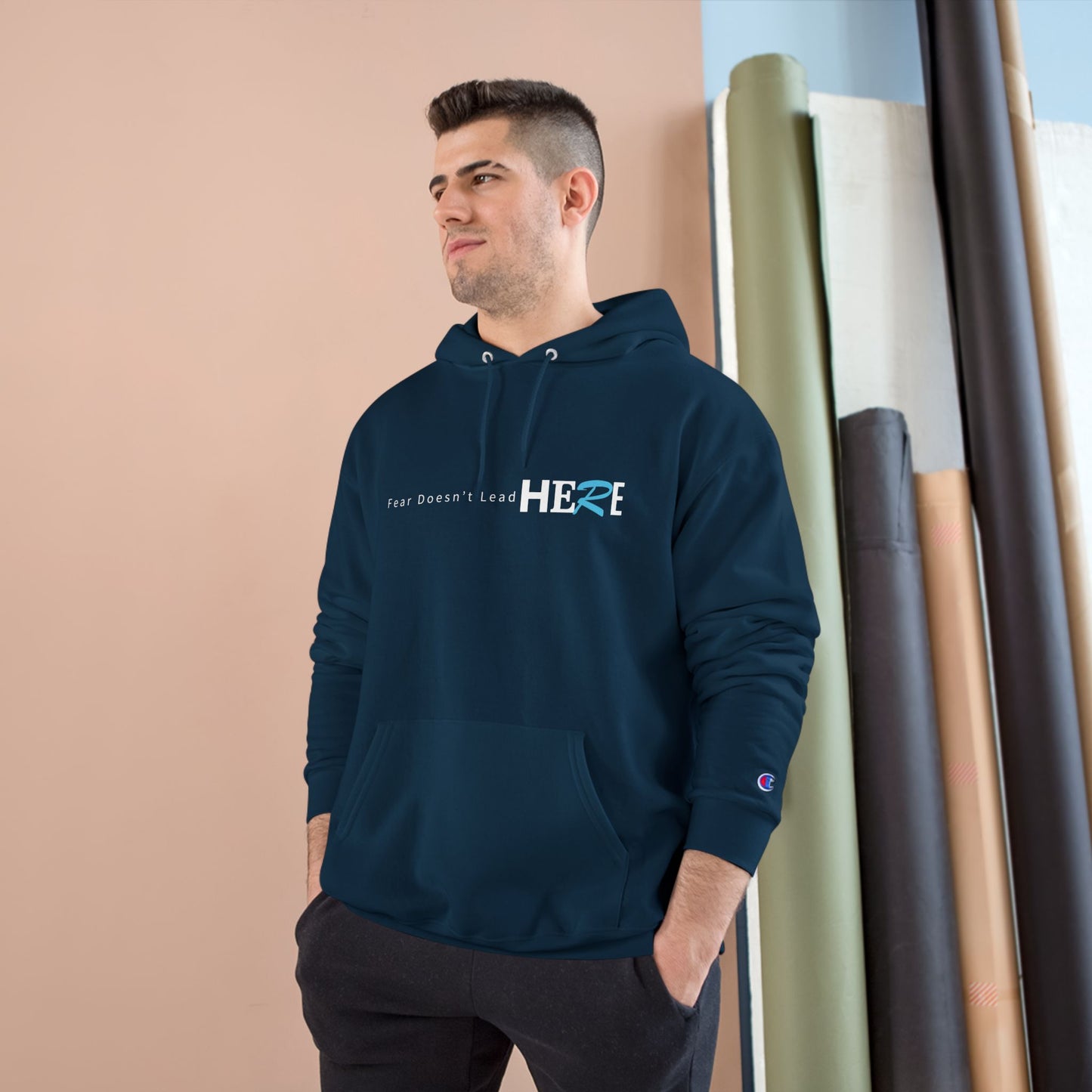 Champion Hoodie — Minimal "HERE" Logo Hoodie (White)