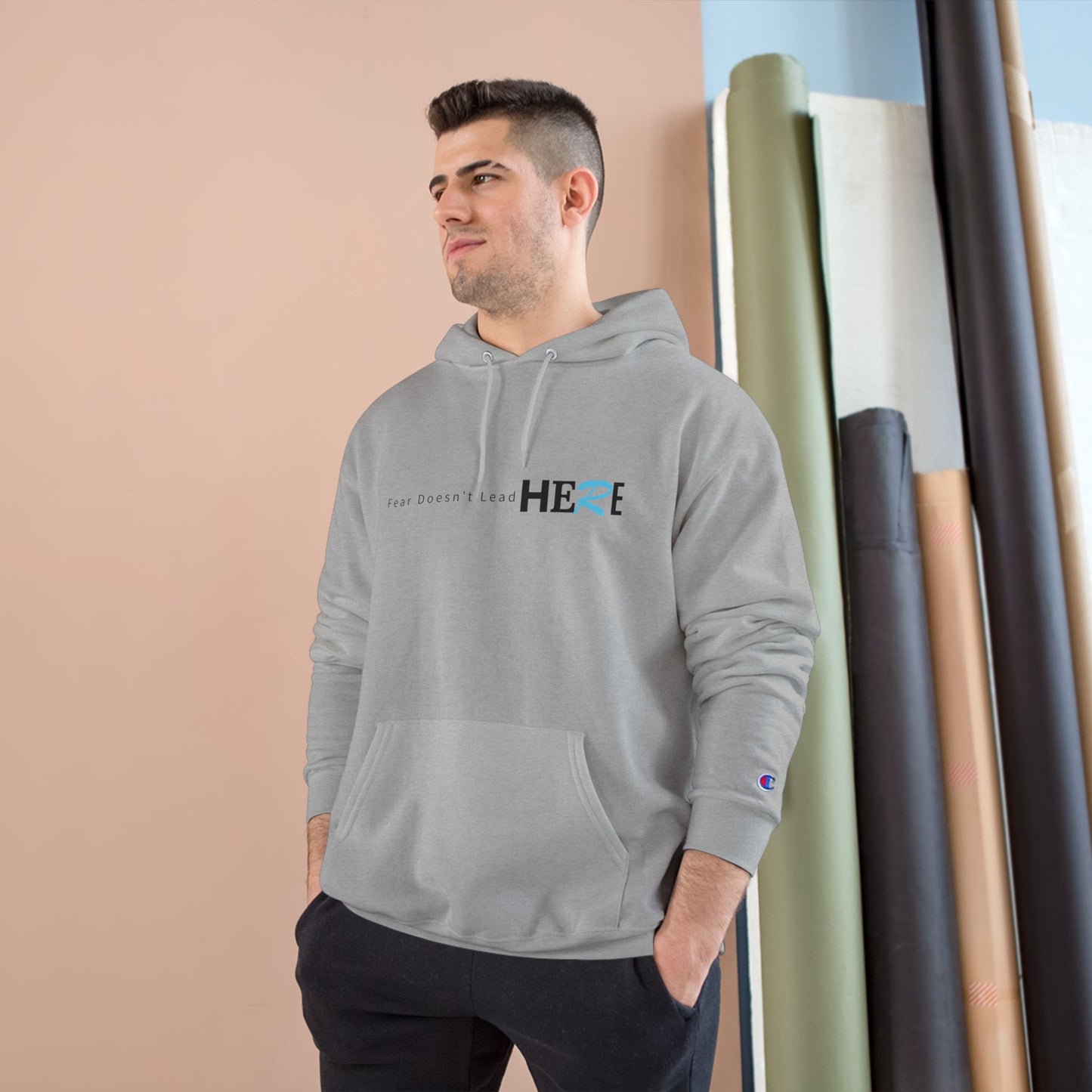 Champion Hoodie — Minimal "HERE" Logo Hoodie (White)